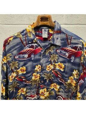 Castaways Mens Hawaiian Shirt 27x34 2XL  Blue Floral Cars Casual Button-Down